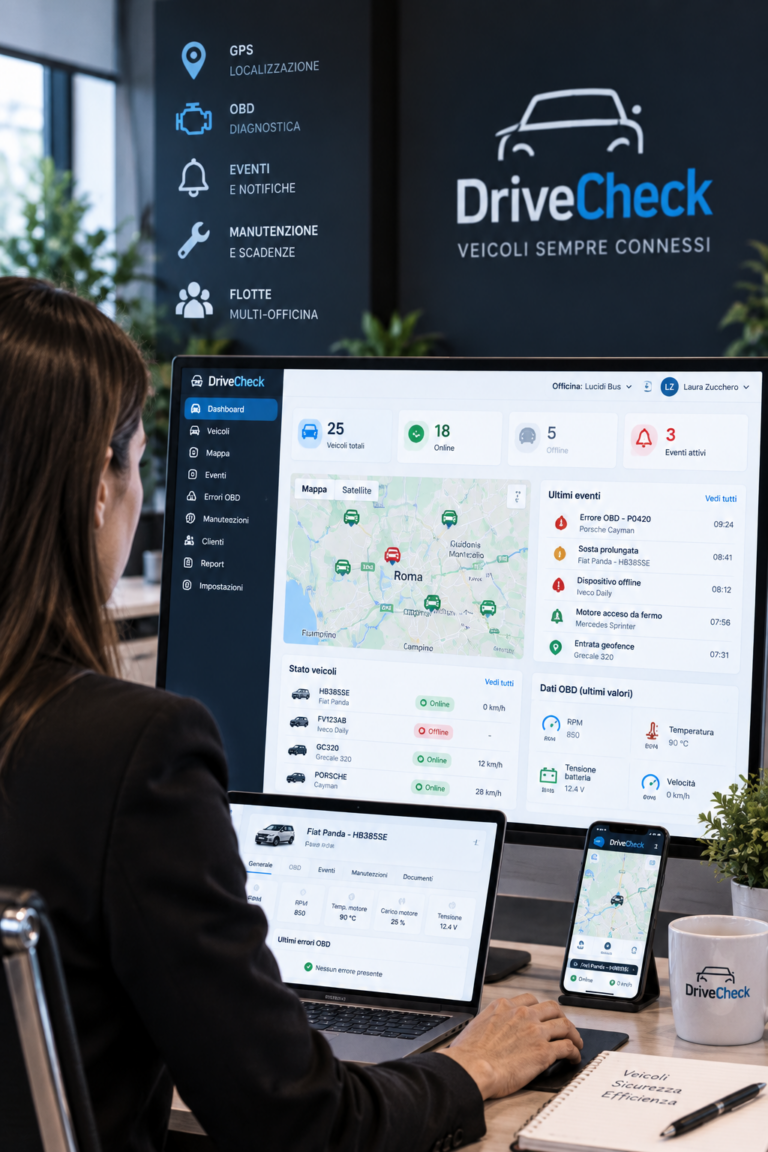 Piattaforma DriveCheck per gestione flotta, localizzazione GPS e diagnostica OBD